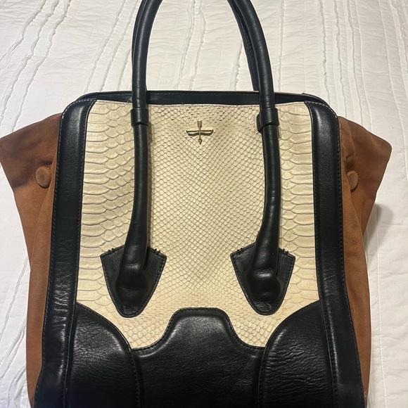 POUR LA VICTOIRE BUTLER EMBOSSED LEATHER COFFEE BONE BLACK LARGE TOTE BAG - Picture 2 of 11